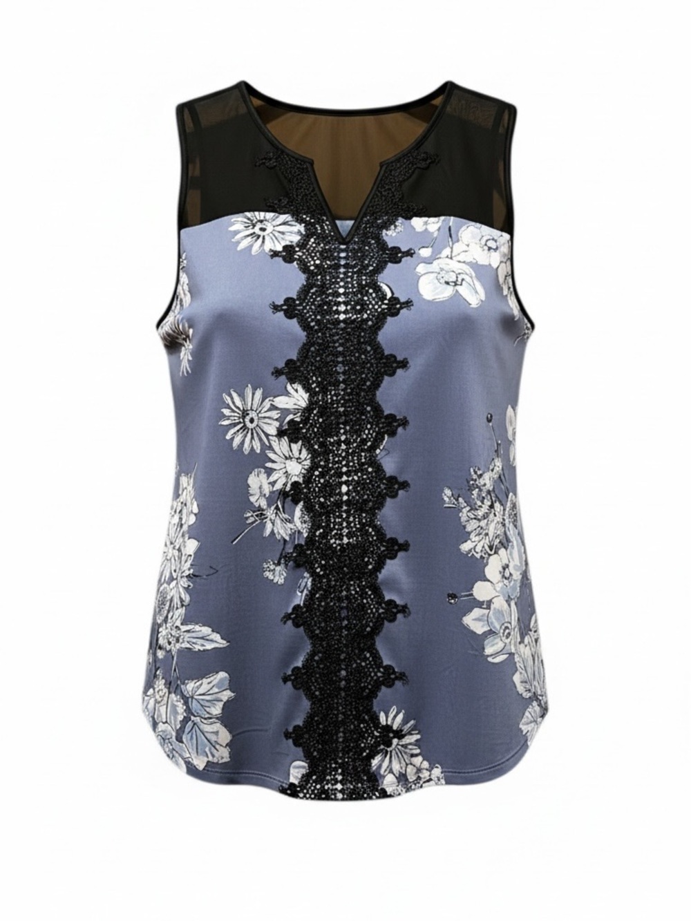 Maurices Floral Lace Detail Sleeveless Tank Top Blue Gray Split Neck M